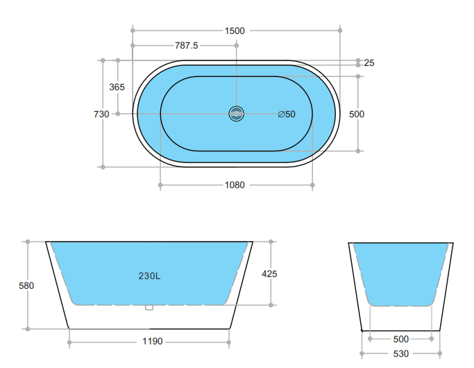 Ovia Black & White Bathtub Gloss | Ceto - Hera Bathware X KDK Bathware OBT1500B | Gloss Black1500mm