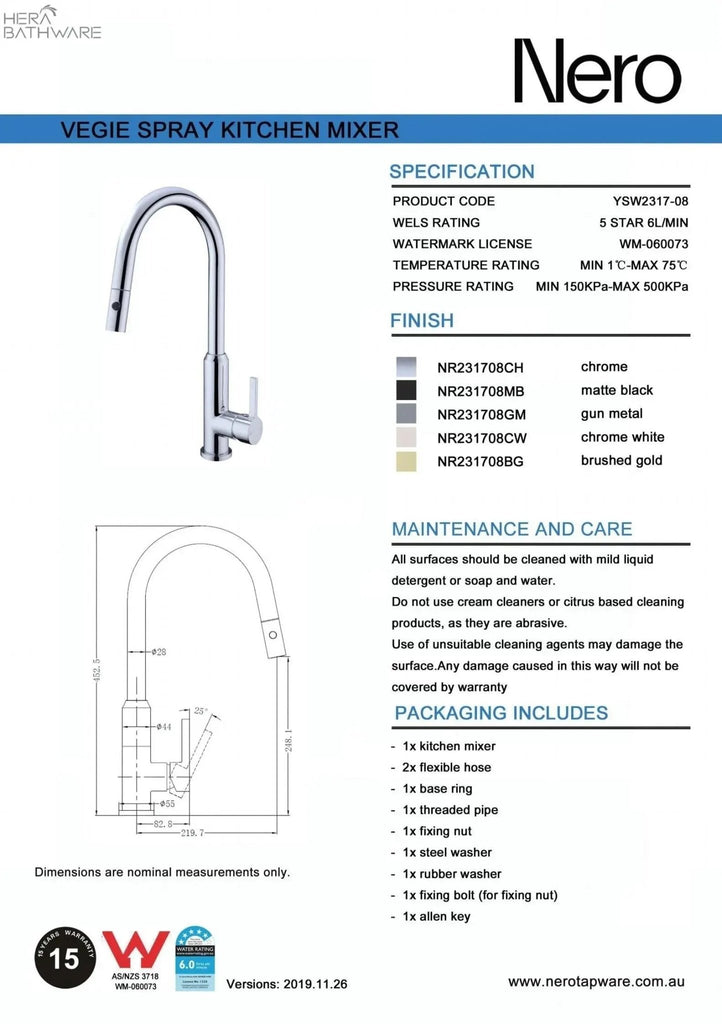 PEARL Pull - Out Sink Mixer with Vegie spray function - Hera BathwareGun Metal