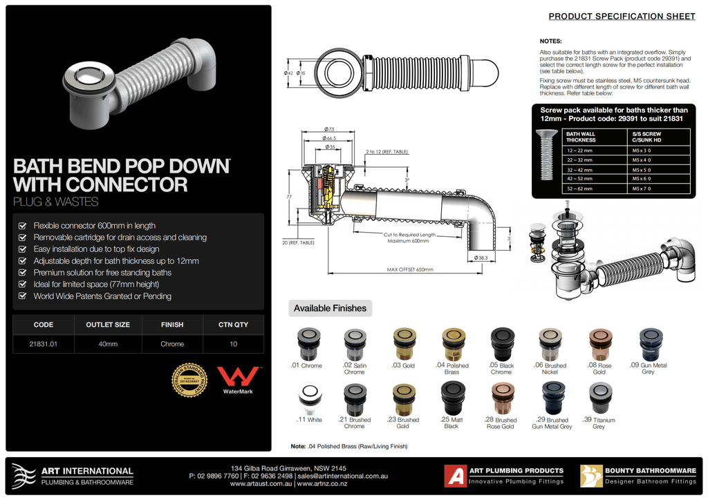 Pop Down Bathdinger 21841 | Art Australia - Hera BathwareChrome
