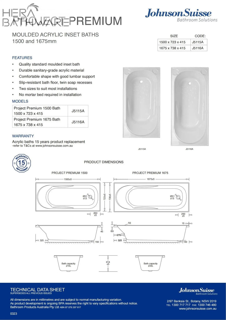 Project Premium Acrylic Bath 1500 - Hera Bathware1500mm