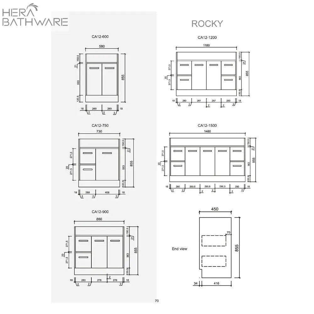 Rocky Gloss White Free Standing Vanity - 750mm Drawers on RIGHT - Hera Bathware