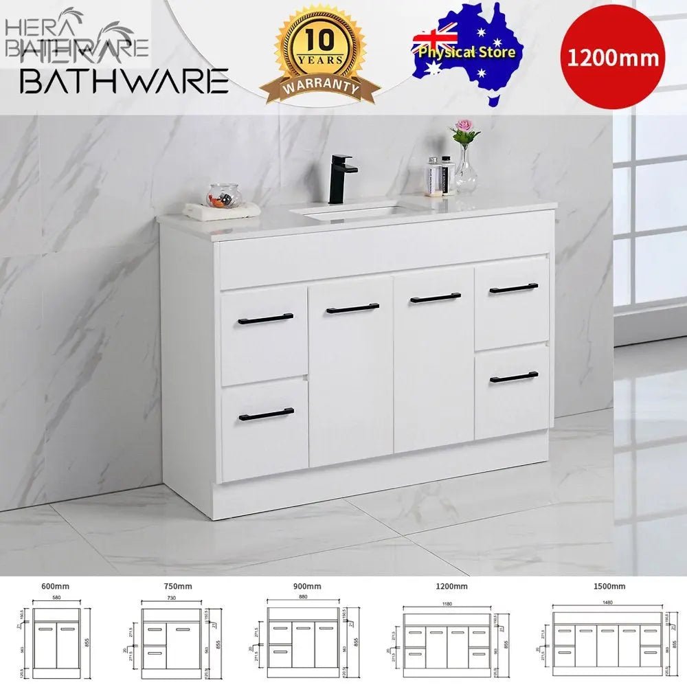 Rocky Gloss White Free Standing Vanity - 750mm Drawers on RIGHT - Hera Bathware