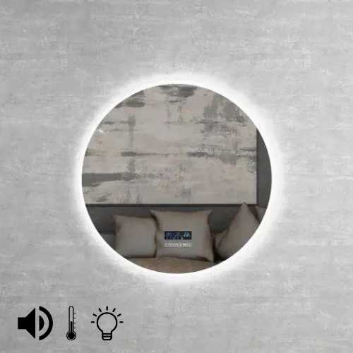 Round LED Mirror with Speaker in SOLID SURFACE STONE 800mm - Hera Bathware