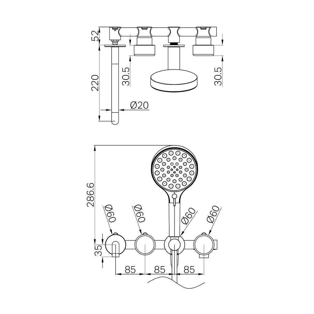 Serenity Progressive Shower System With Spout And Serenity Hand Shower - Hera BathwareMarquina BlackBrushed Gold
