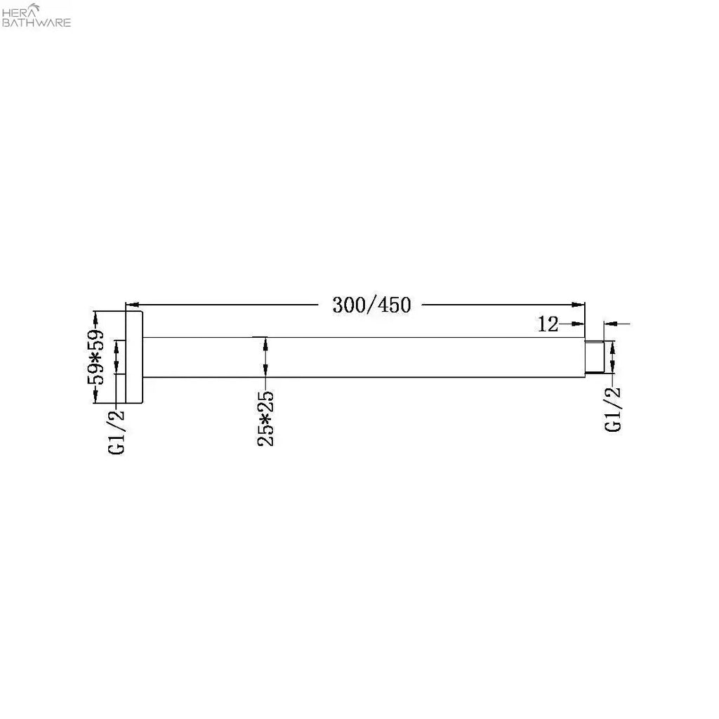 SQUARE Ceiling arm 300mm length - Hera BathwareGun Metal