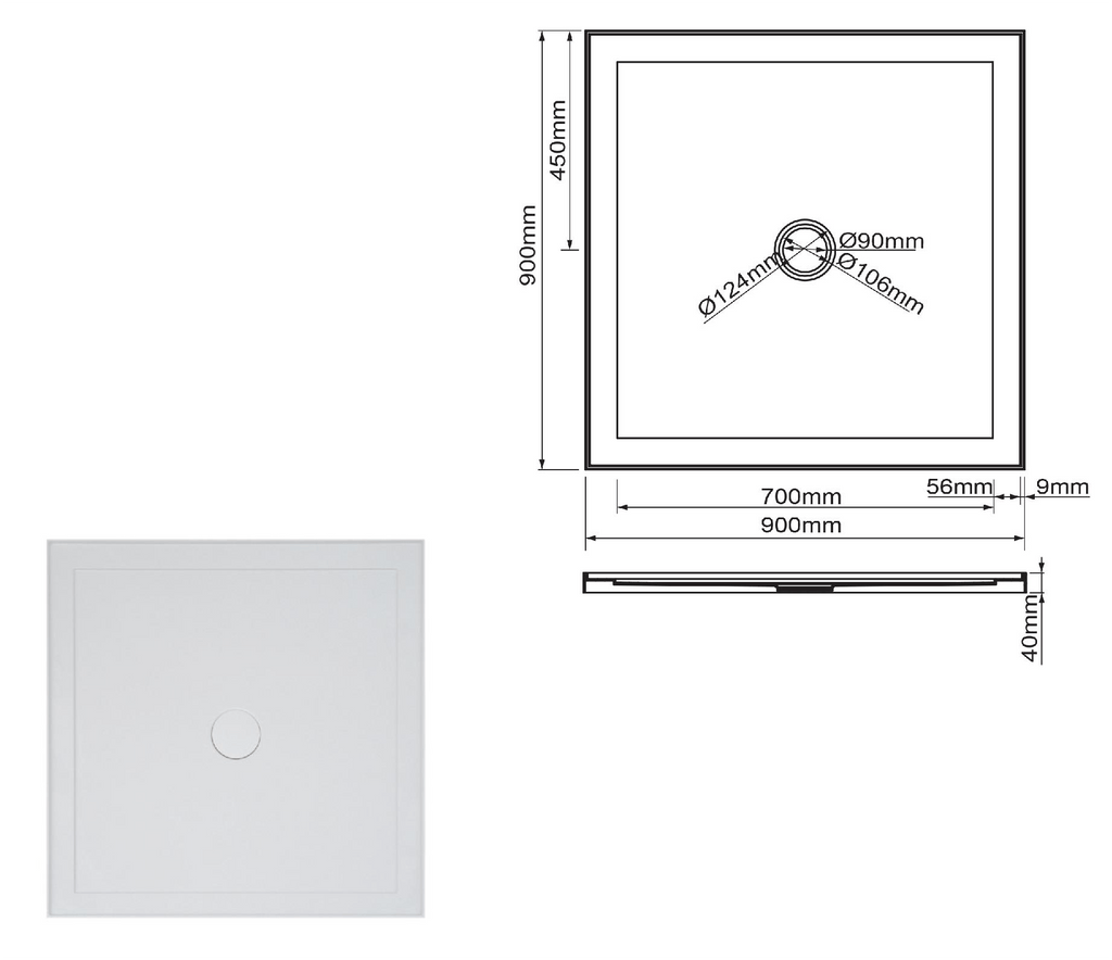 Square Shower Base - SMC 900/1200mm - Hera Bathware900*900mm / Center