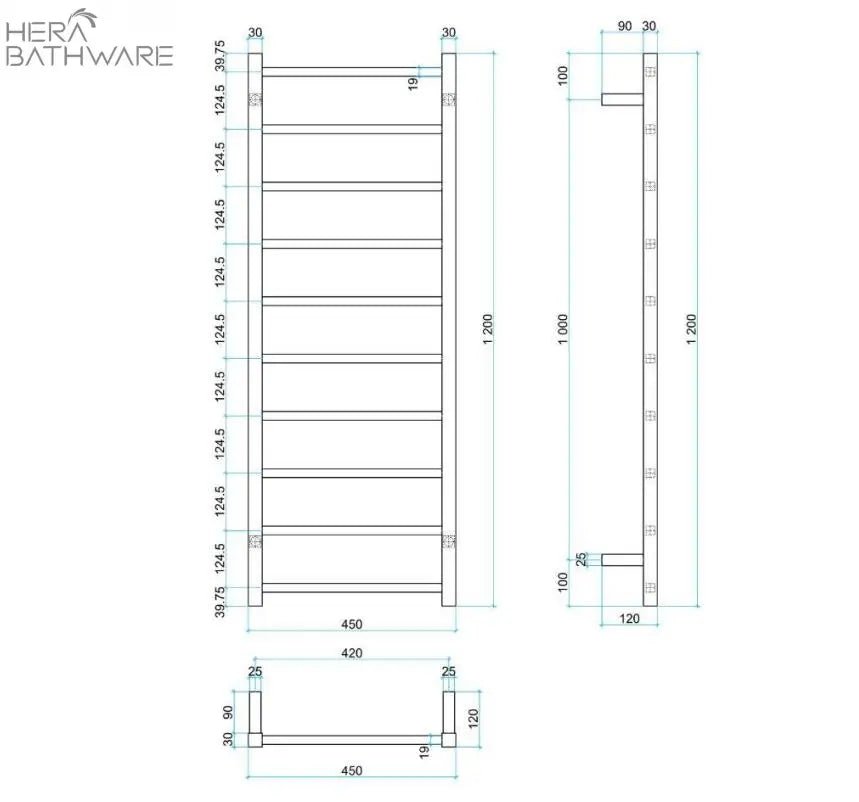 Thermogroup SS19M Straight Square Ladder Heated Towel Rail 450*1200*120mm - Hera BathwareStainless Steel