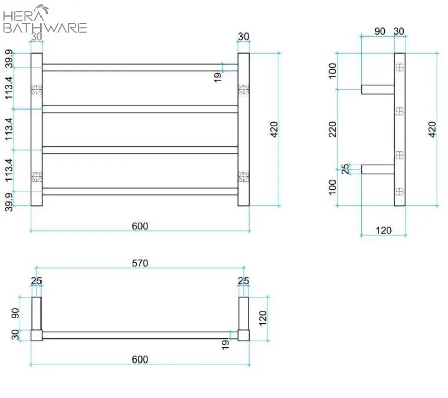 Thermogroup SS40M Straight Square Ladder Heated Towel Rail 600*420*120mm - Hera BathwareStainless Steel