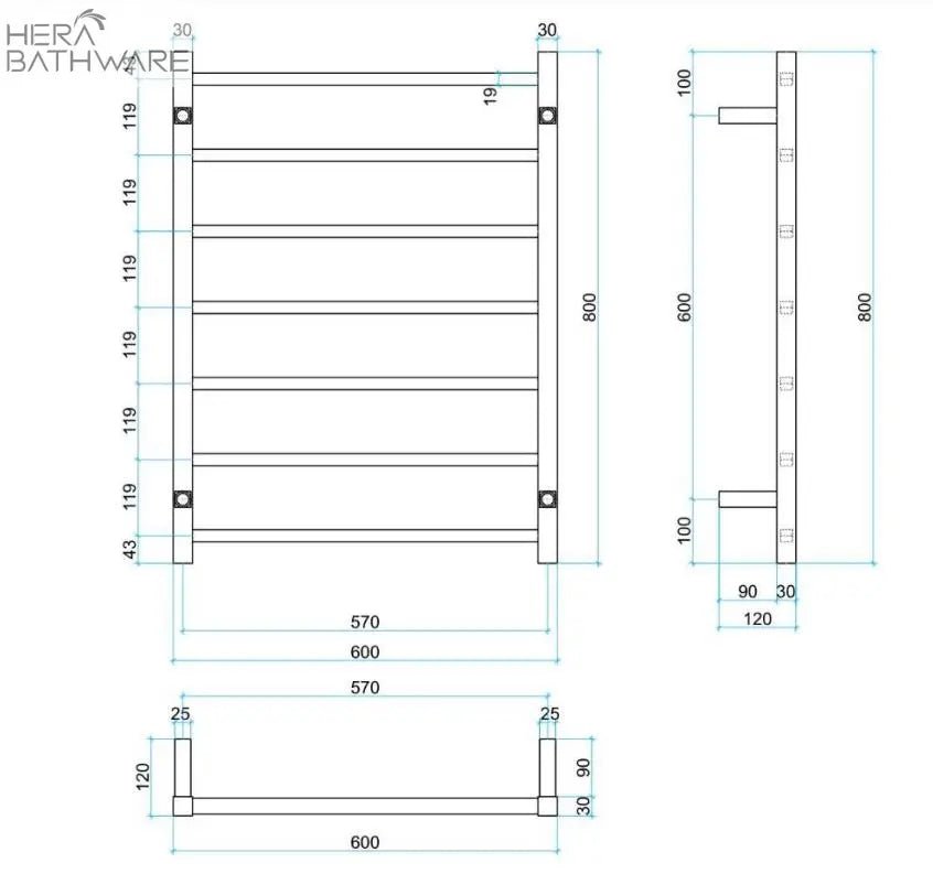 Thermogroup SS4412 12Volt Straight Square Ladder Heated Towel Rail 600*800*120mm - Hera BathwareStainless Steel