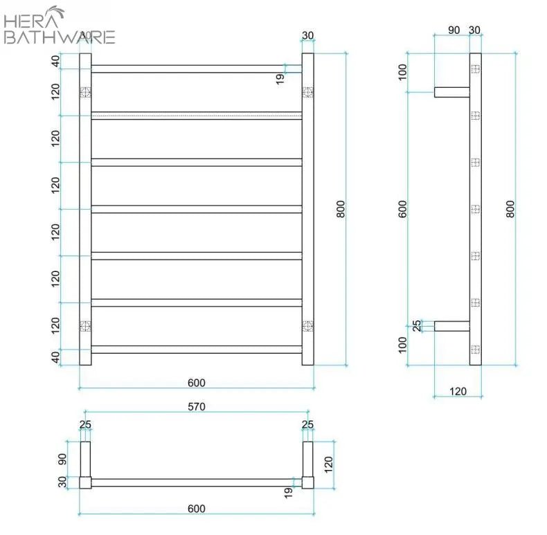 Thermogroup SS44M Straight Square Ladder Heated Towel Rail 600*800*120mm - Hera BathwareStainless Steel