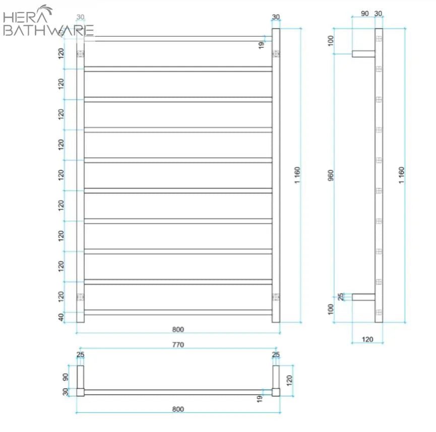 Thermogroup SS88MB Matt Black Square Ladder Heated Towel Rail 800*1160*120mm - Hera BathwareMatte Black