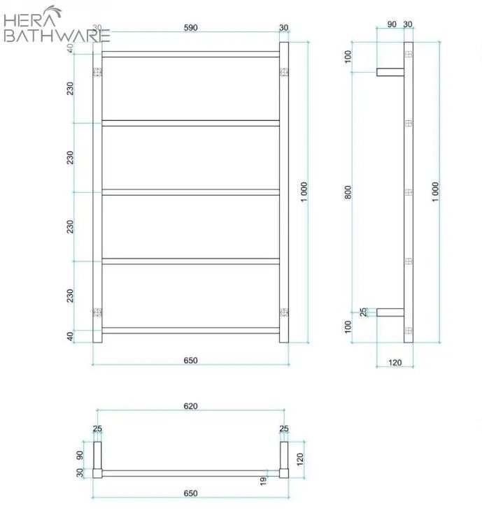 Thermogroup USS56B Matt Black Square Non - Heated Ladder Towel Rail 650*1000*120mm - Hera BathwareMatte Black