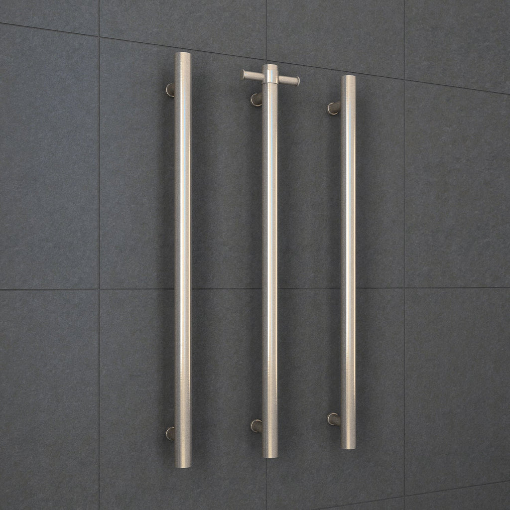 Thermogroup VS900HBN Brushed Nickel Round Vertical Single Heated Towel Rail - W142xH900xD100mm - Hera Bathware