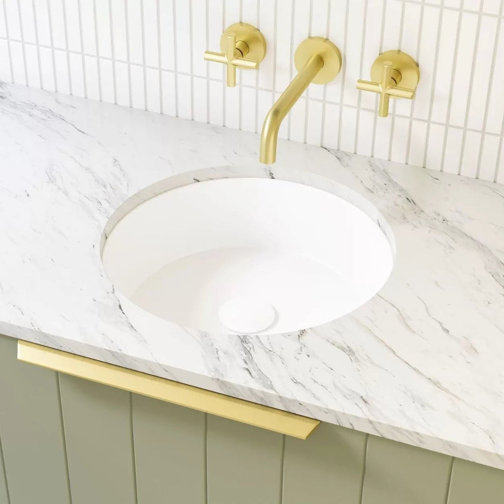 Undermount Ceramic Allure Matte Round Basin with Silksurface Stone Top | Timberline - Hera Bathware600mmSilksurface 20mm Slab
