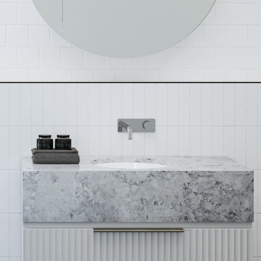 Undermount Ceramic Allure Matte Round Basin with Silksurface Stone Top | Timberline - Hera Bathware600mmSilksurface 20mm Slab