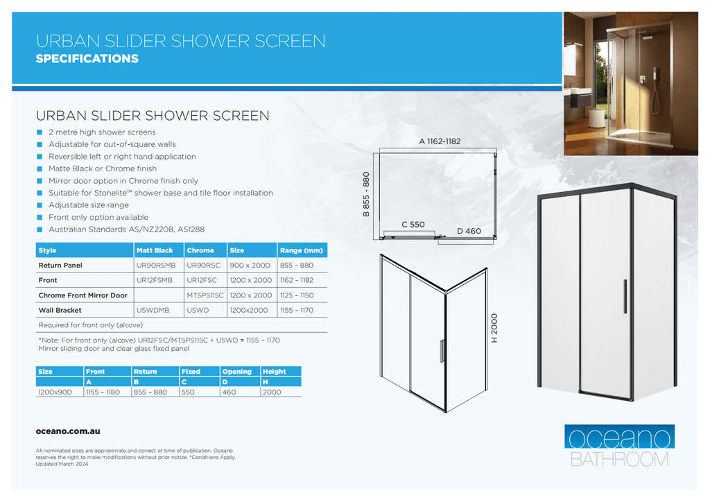 Urban Slider Shower Screen 1200 X 900mm | 2000mm High | Oceano - Hera Bathware X Oceano UR12FSMB+UR90RSMB | Matte Black