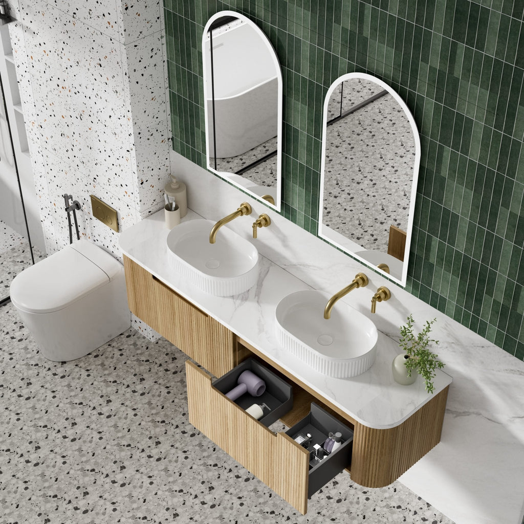 Varcelli Mono Wall Hung Vanity 750 - 1800mm - Hera Bathware X Aulic CAWH53 - 1800D - ST66FT | 1800mmCabinet + Palis White Flat Stone Top