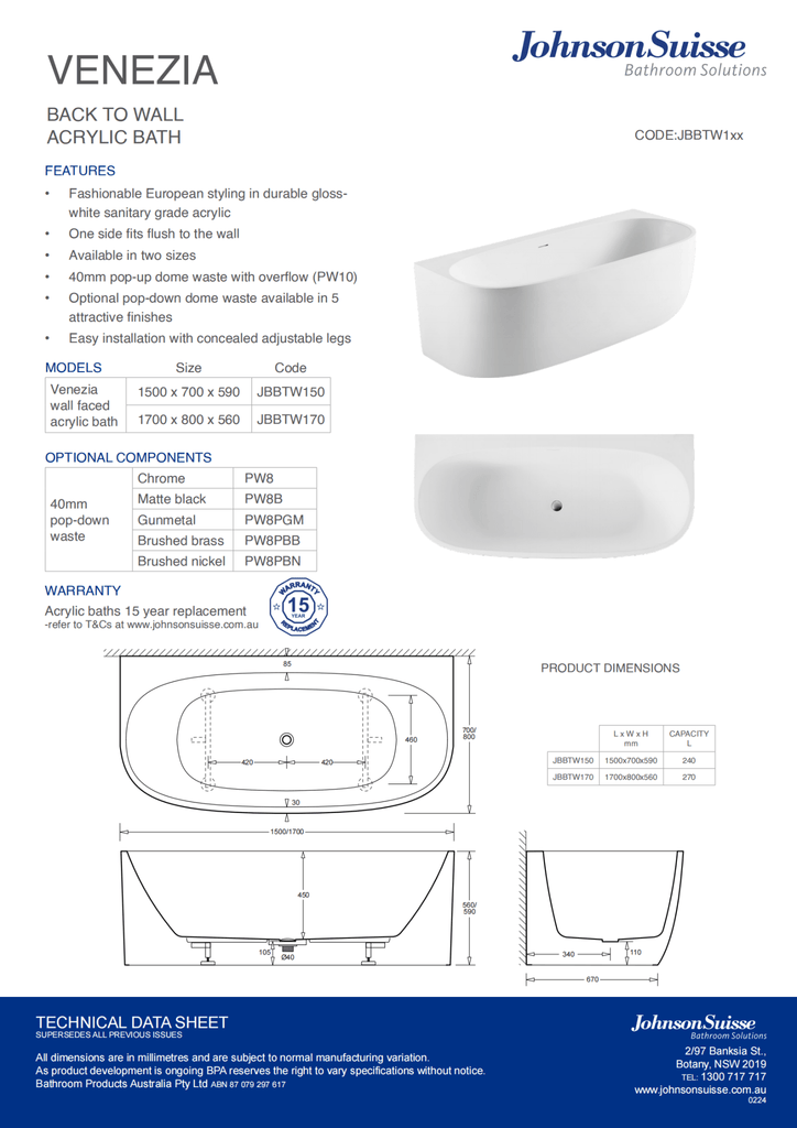 Venezia Back To Wall Acrylic Bath With Overflow - Hera Bathware1500x700x590