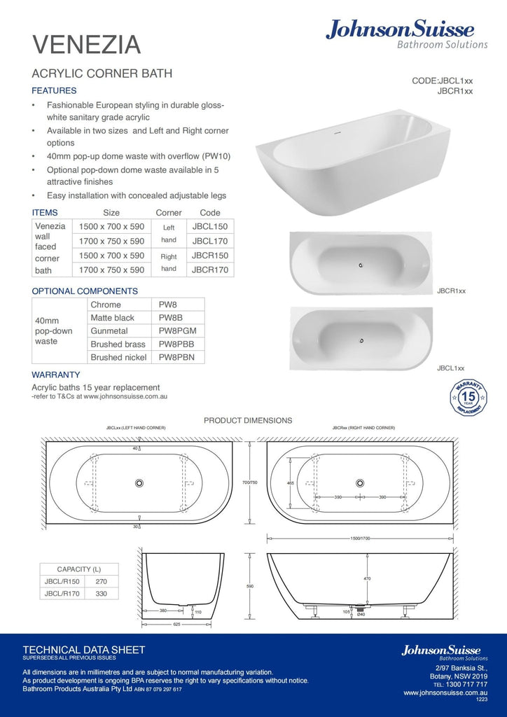 Venezia Corner Acrylic Bath With Overflow - Hera Bathware1500Right Hand Corner