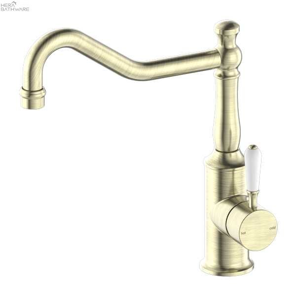 YORK Kitchen Mixer Hook Spout - Hera BathwareAged BrassWhite Porcelain