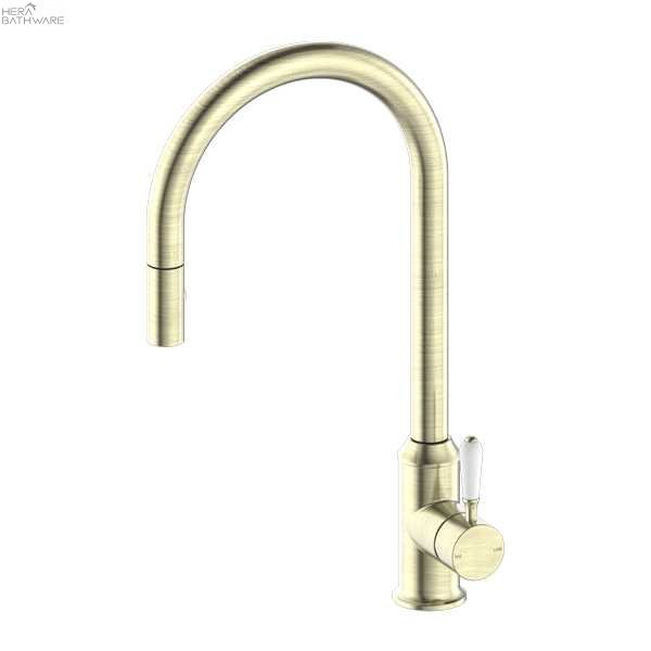 YORK Pull Out Sink Mixer with Vegie Spray - Hera BathwareAged BrassWhite Porcelain