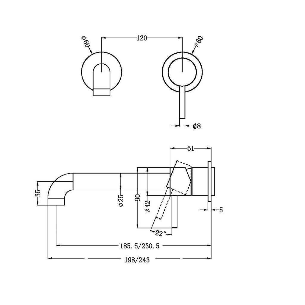 Zen SS316L Wall Basin/Bath Seperate Mixer 185mm/230mm Spout (Trim Kits Only) - Hera Bathware185mmBrushed Gold