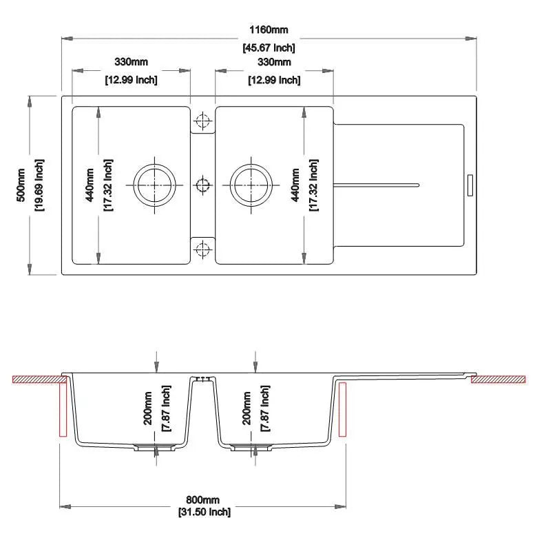 1160*500*200mm White Granite Quartz Stone Kitchen Sink Double Bowls Drainboard Top/Undermount - Hera BathwareWhite Granite Quartz Stone