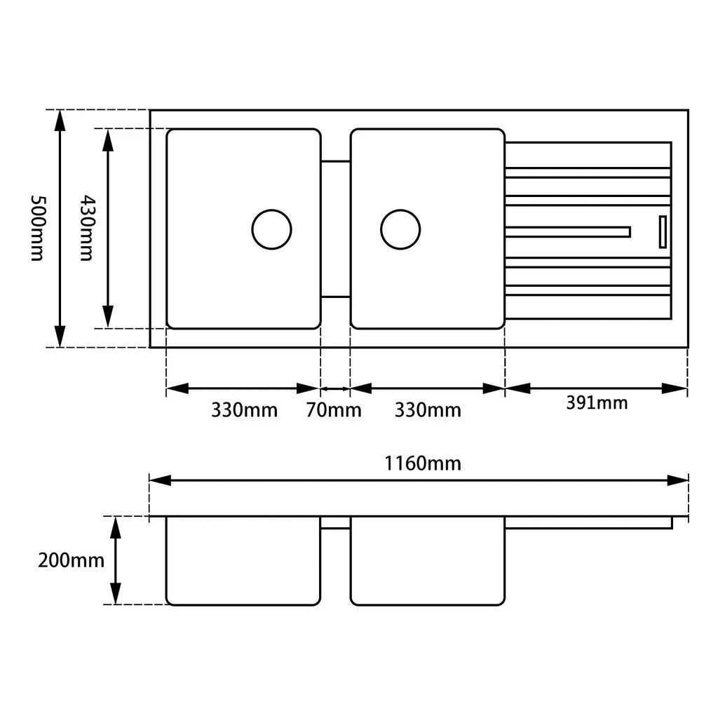 1160*500*200mm White Granite Quartz Stone Kitchen Sink Double Bowls Drainboard Top/Undermount - Hera BathwareWhite Granite Quartz Stone