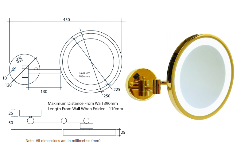 Thermogroup Magnification 3 Times Mirror Polished Gold with Cool Light 521.55 at Hera Bathware