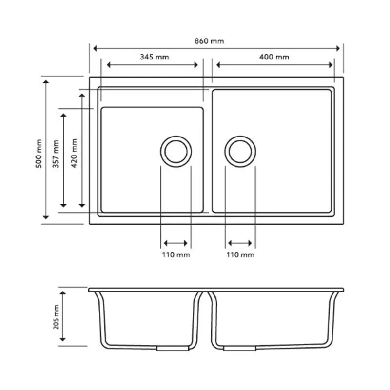 Hera Bathware 860mm Double Bowl Granite Kitchen Sink Top/Flush/Under Mount 903.70 at Hera Bathware