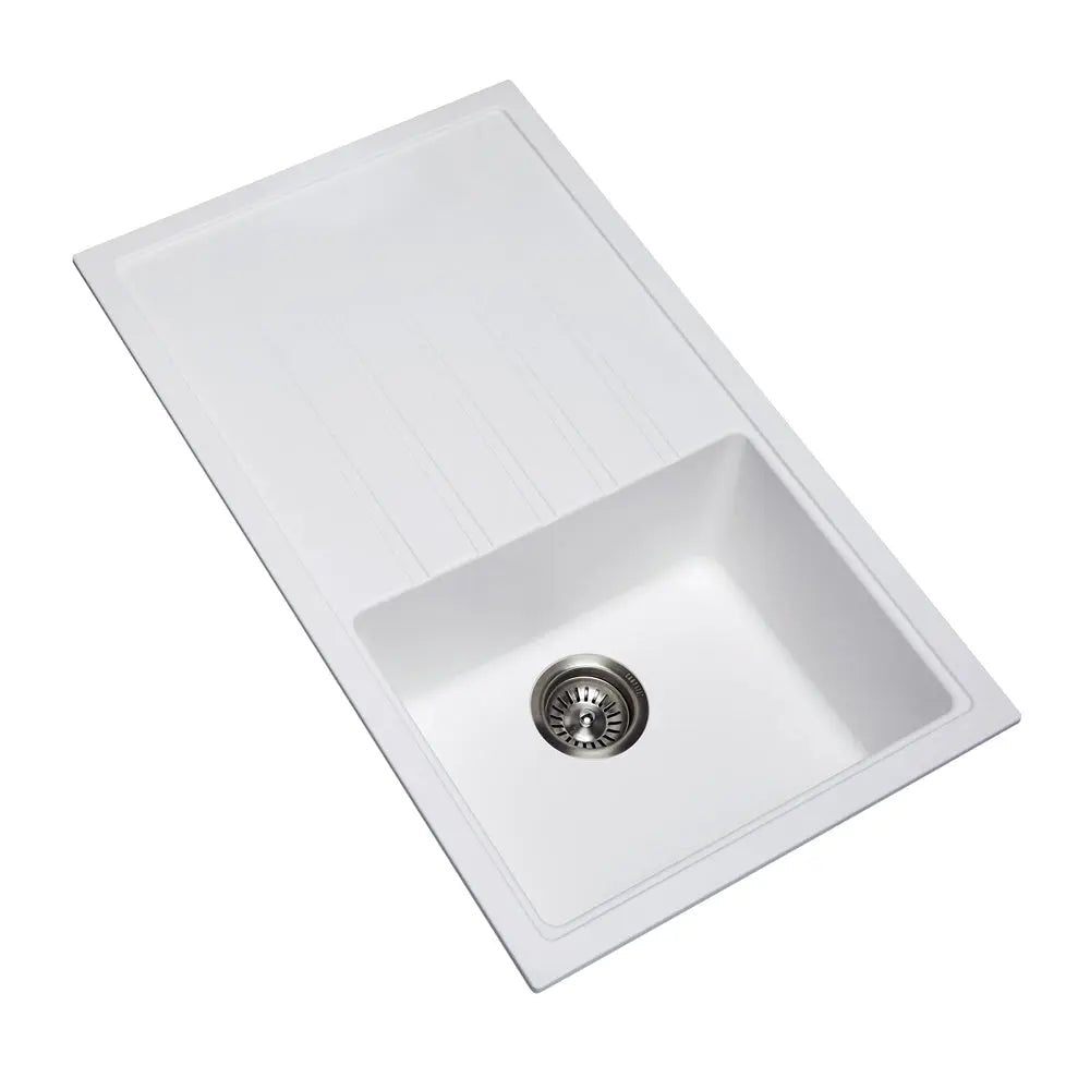 860mm Single Bowl With Drainer Board Granite Kitchen Sink Top/Flush/Under Mount - Hera BathwareWhite Granite Quartz Stone