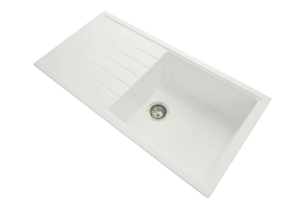 860mm Single Bowl With Drainer Board Granite Kitchen Sink Top/Flush/Under Mount - Hera BathwareWhite Granite Quartz Stone