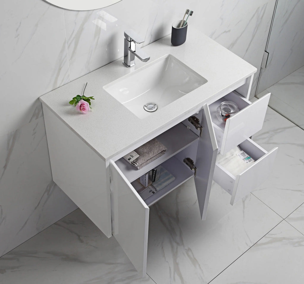 Aulic Alice Gloss White Wall Hung Vanity - 900mm Drawers on RIGHT  at Hera Bathware