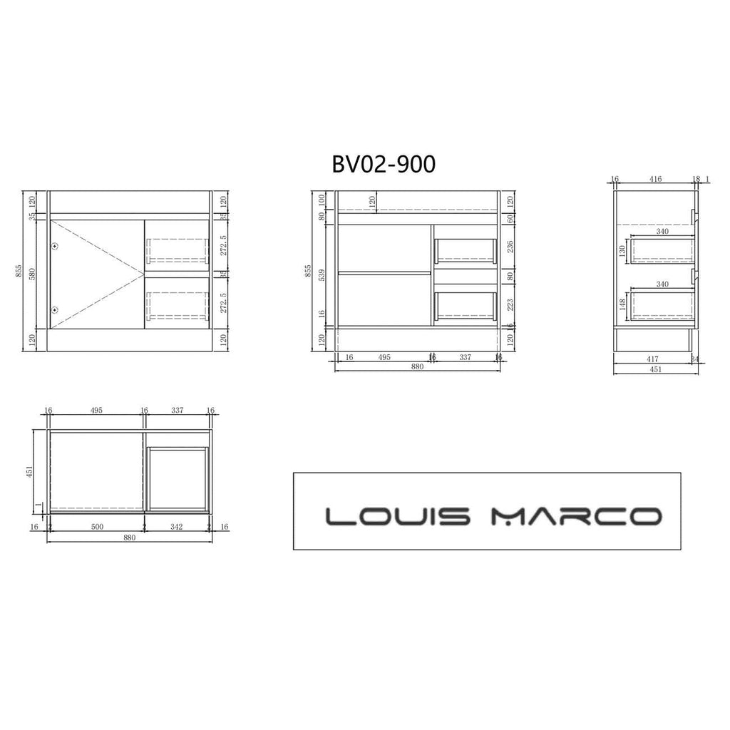 Louis Marco Bellay Free Standing Timber Look Vanity 900mm Drawers on Left  at Hera Bathware