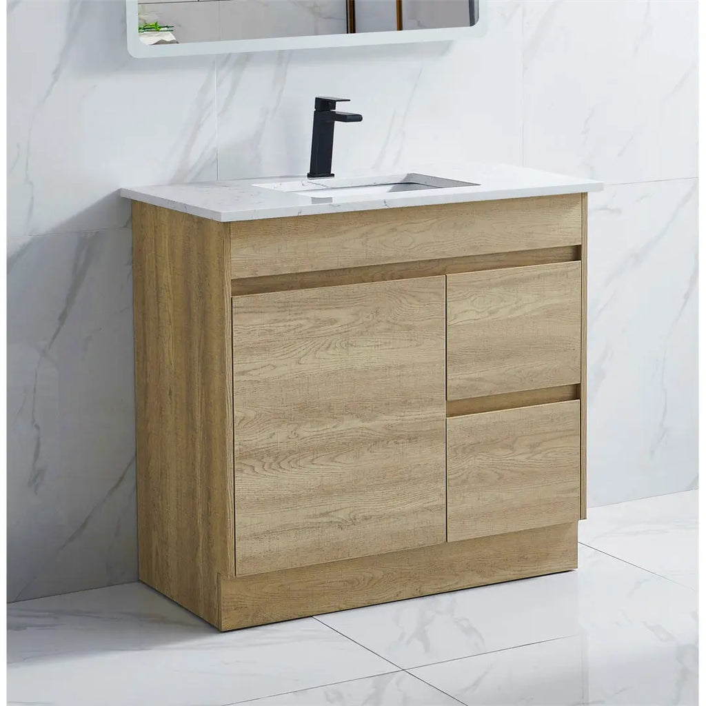 Louis Marco Bellay Free Standing Timber Look Vanity 900mm Drawers on Right  at Hera Bathware