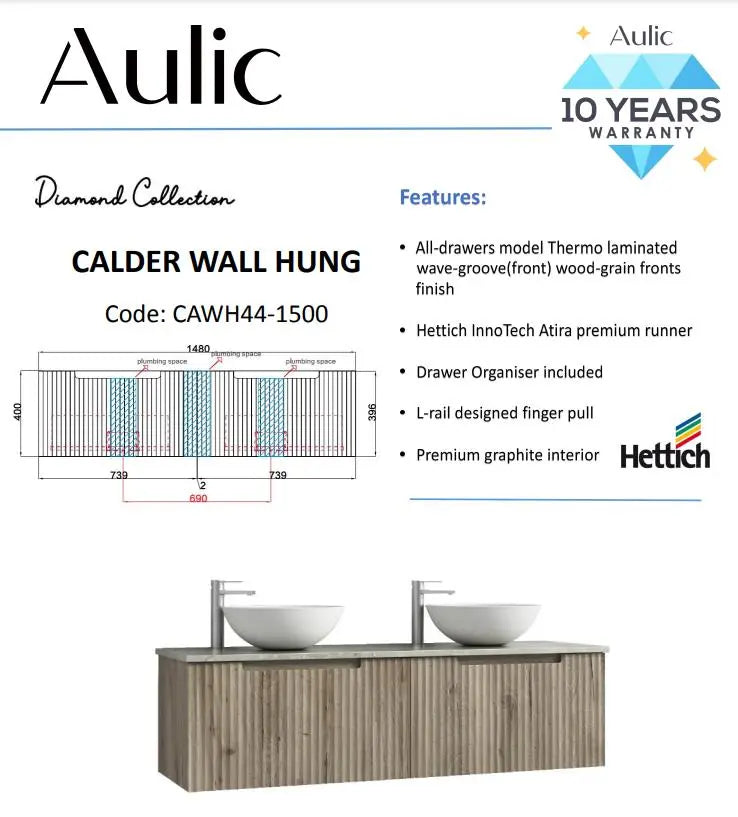 Aulic Calder Wall Hung Vanity 1500mm 1827.80 at Hera Bathware