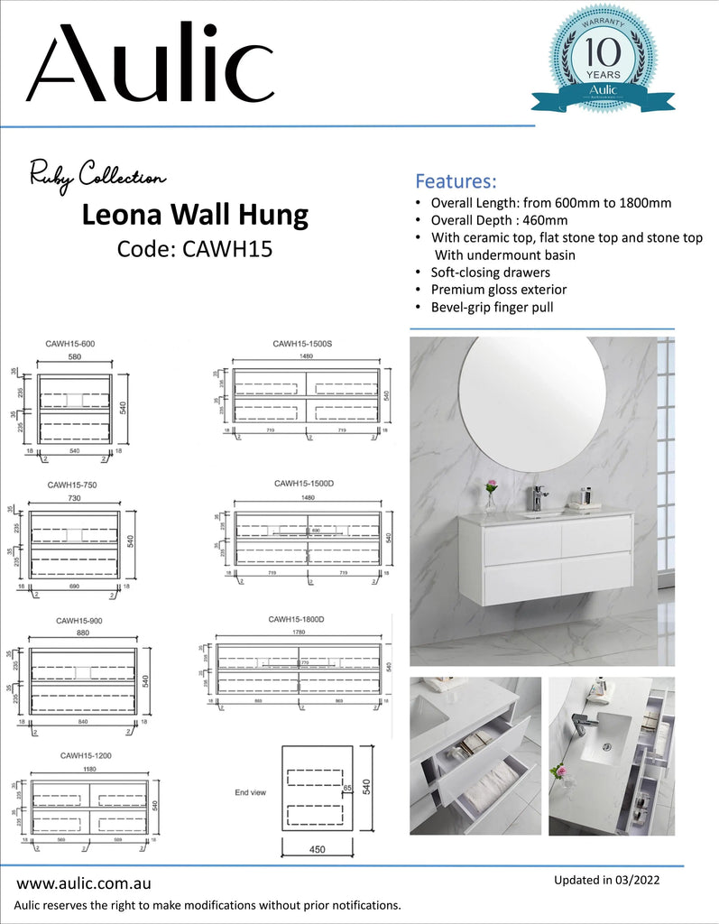 Aulic Leona Gloss White Wall Hung Vanity - 1200mm  at Hera Bathware