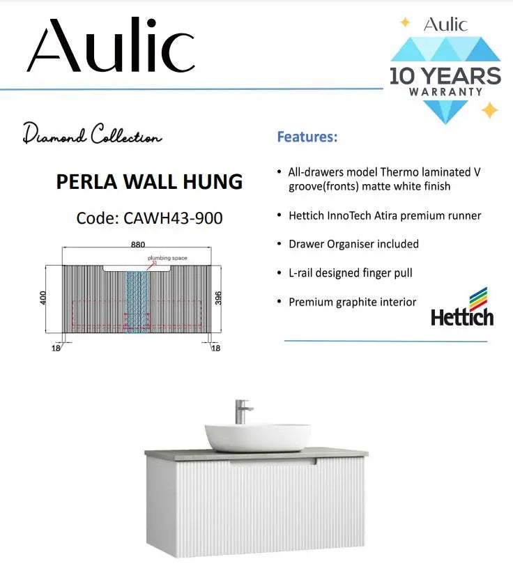 Aulic Perla Wall Hung Vanity 900mm  at Hera Bathware