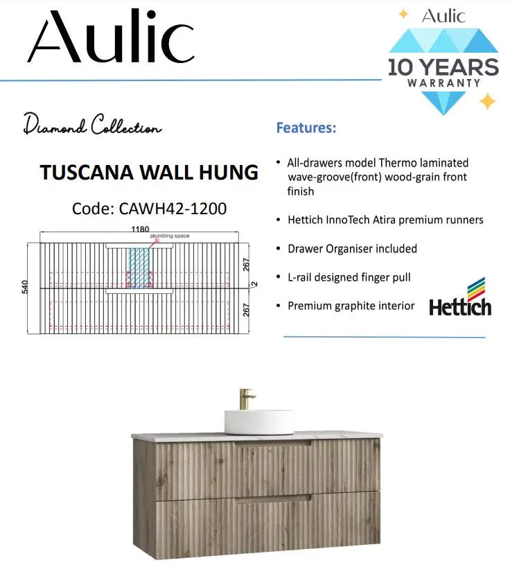 Aulic Tuscana Wall Hung Vanity 1200mm  at Hera Bathware