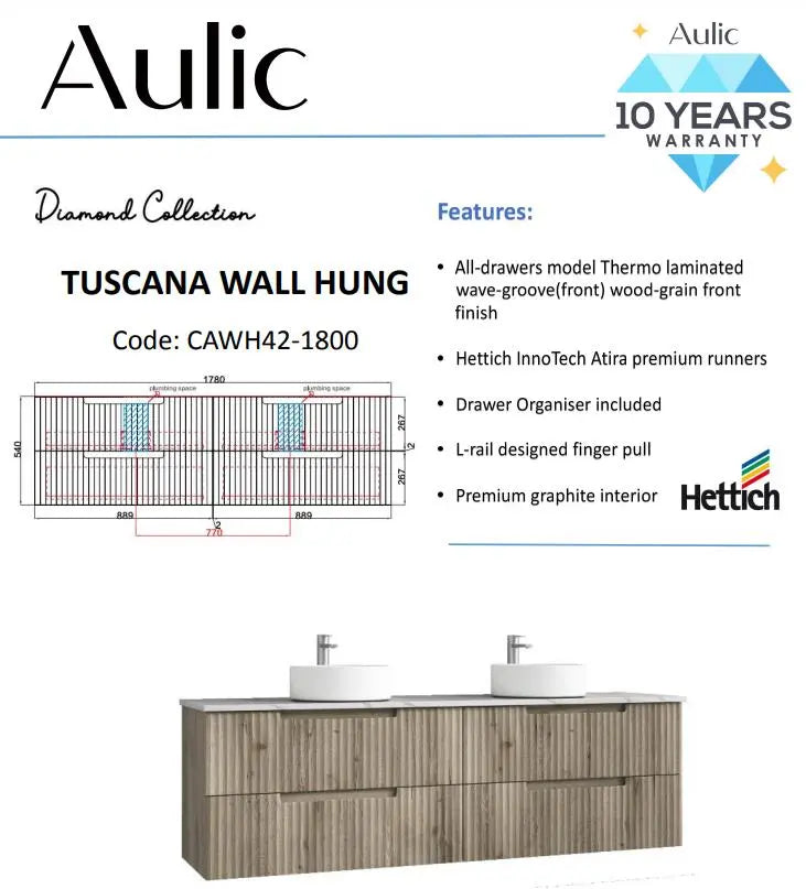 Aulic Tuscana Wall Hung Vanity 1800mm  at Hera Bathware