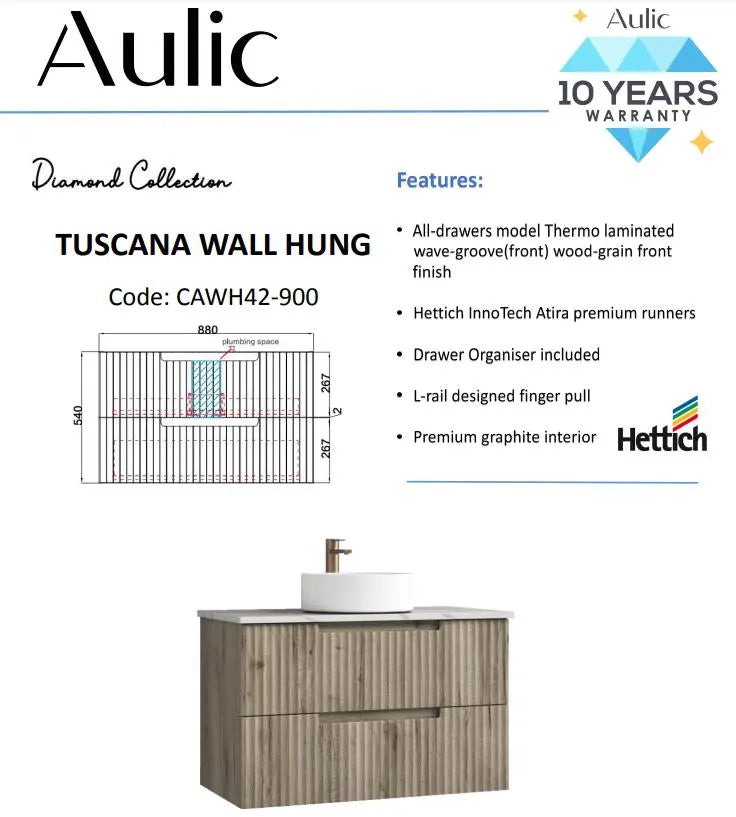 Aulic Tuscana Wall Hung Vanity 900mm  at Hera Bathware