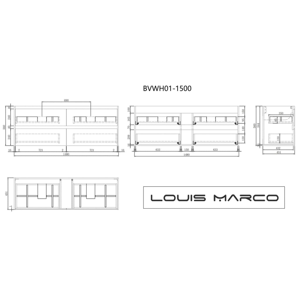 Louis Marco Venezia Wall Hung Timber Look Vanity 1500mm  at Hera Bathware
