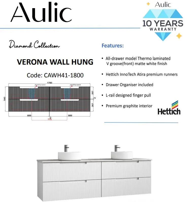 Verona Mark II Wall Hung Vanity 1800mm | CAWH412-1800 | 2420.475