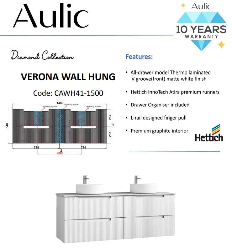 Verona Mark II Wall Hung Vanity 1500mm | CAWH412-1500 | 2146.125