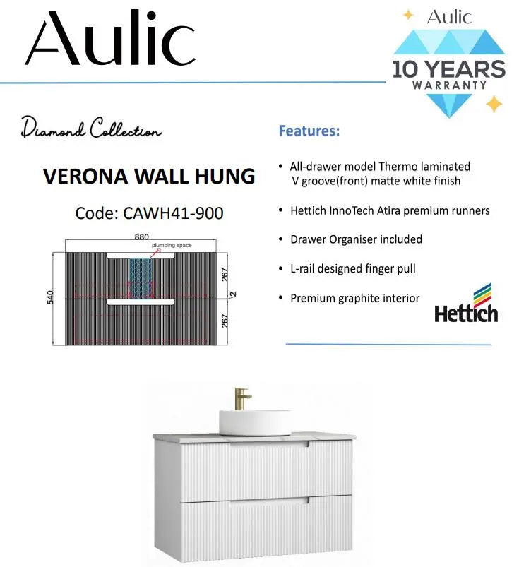 Verona Mark II Wall Hung Vanity 900mm | CAWH412-900 | 1397.415