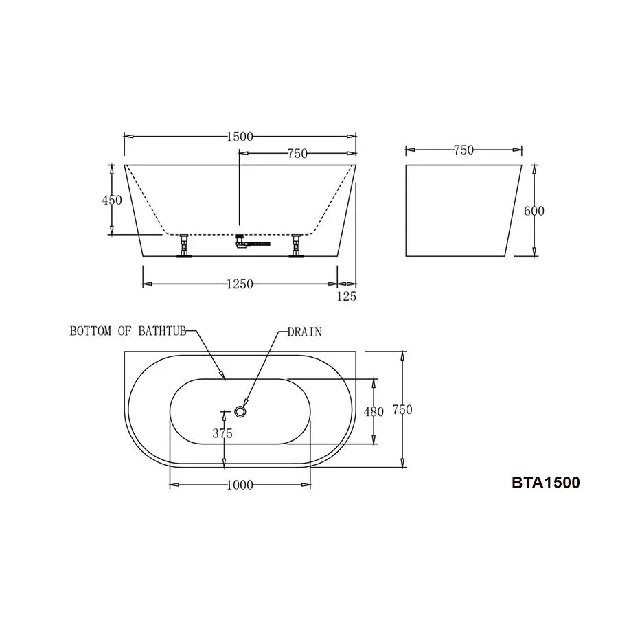 ATLANTA Spa Back to Wall Bathtub - Hera Bathware1500mm8 mini Jet 3 Large Jet
