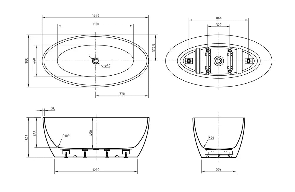 BTT Series Free Standing Bathtub - Gloss /Matte White - Hera Bathware1540mmGloss White