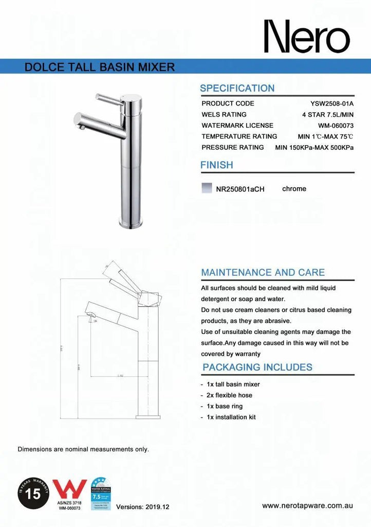 DOLCE Tall Baisin Mixer Angel Spout - Chrome - Hera BathwareChrome