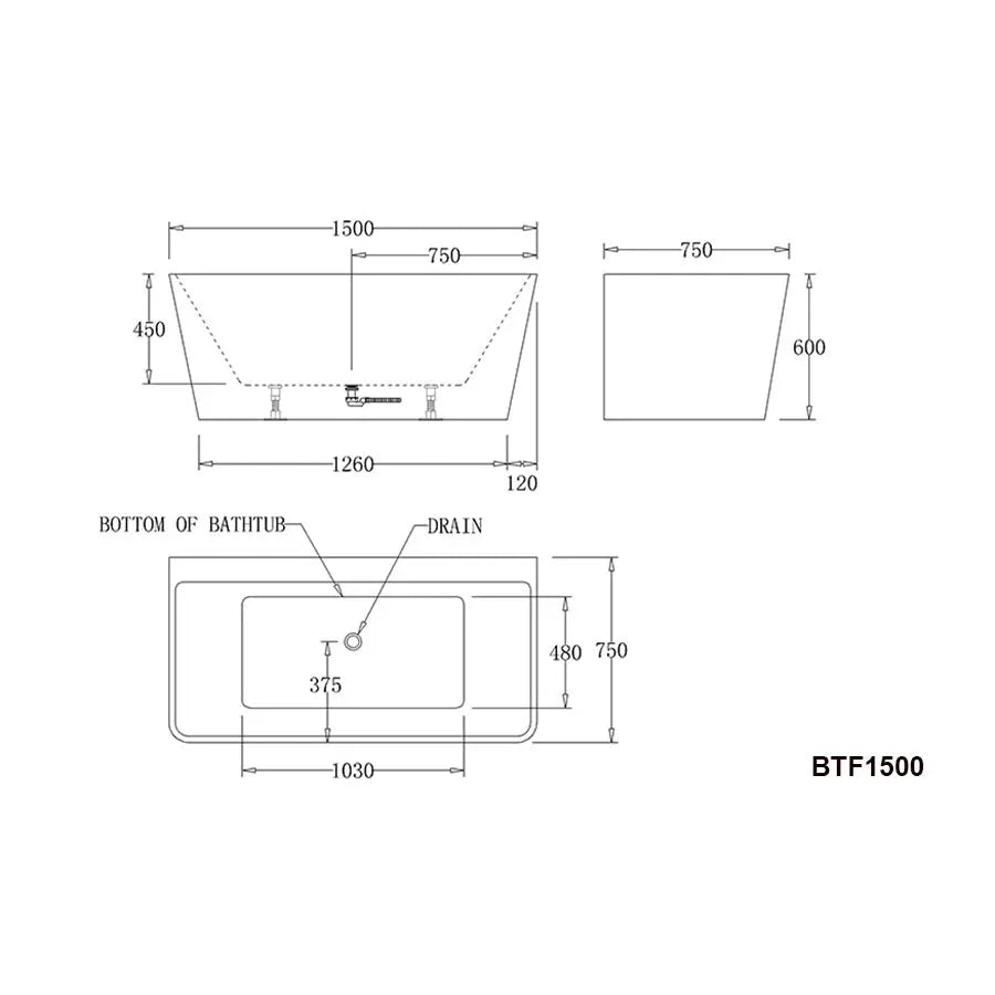 FLORENCE Back To Wall Spa Bathtub - Hera Bathware1500mmWhite