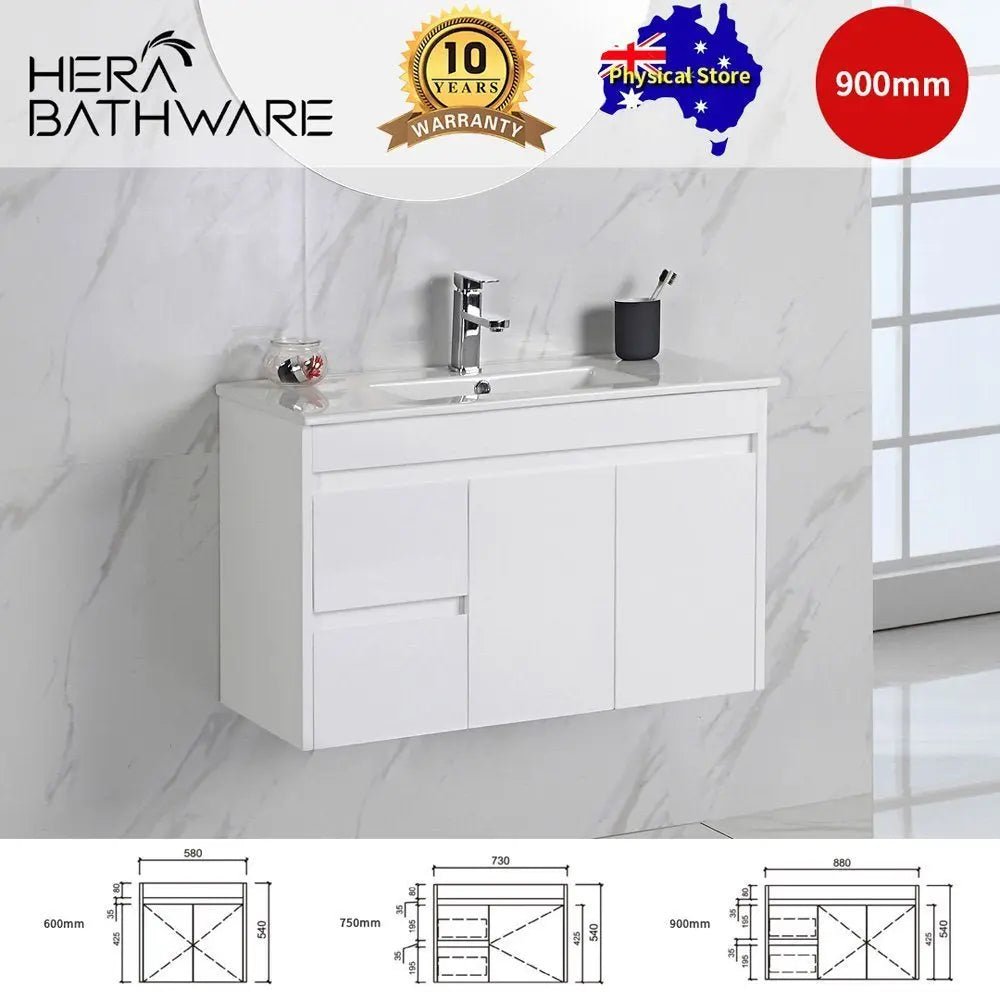 Maya Gloss White Wall Hung 360mm Depth Vanity 600mm 750mm 900mm - Hera Bathware600mmCeramic Top